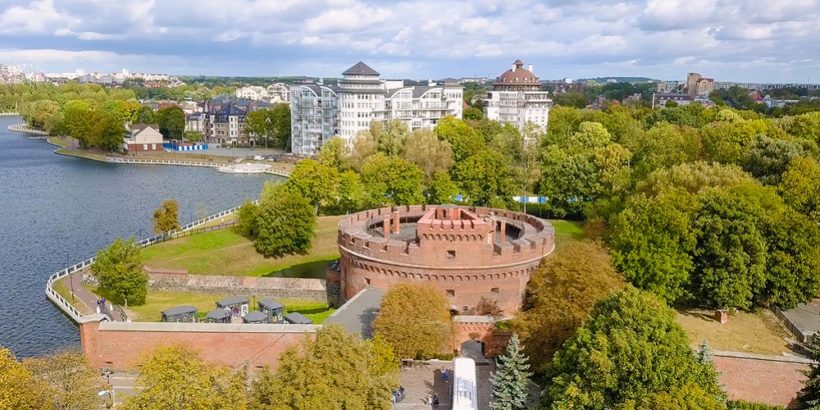 Russia, Kaliningrad – September 22, 2018: KALININGRAD REGIONAL AMBER MUSEUM. It is housed in a fortress tower dating from the mid-nineteenth century, From Drone